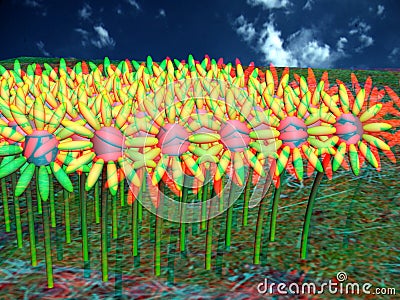 images with red green glasses sunflower field Stock Photo