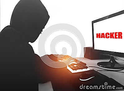 See from the side .Computer hacker working Stock Photo