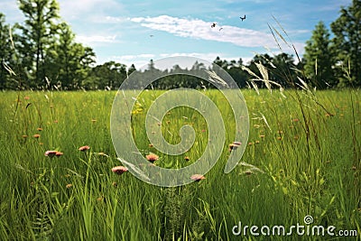 seed dispersal over green grass meadow Stock Photo