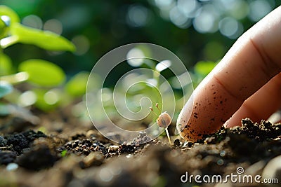 Seed on a fingertip against a blurred green backdrop, portraying the concept of growth and nature Stock Photo