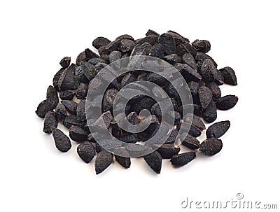 Seed of Nigella sativa or fennel flower, nutmeg flower, black caraway, Roman coriander, black cumin, blackseed, black caraway, Bun Stock Photo