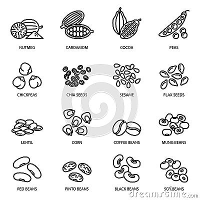 Nuts, beans and seeds line icon set, food symbols collection. Vector Illustration