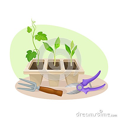 Seedling or Young Plant and Garden Inventory with Iron Rake and Garden Pruner Vector Composition Vector Illustration