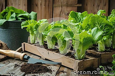 Seedlings of lettuce with gardening tools outside the potting shed Stock Photo