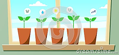 Seedlings in pots are standing on the windowsill. Young plants with leaves communicate with each other using emoji, emoticons; Vector Illustration