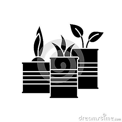 Seedlings in tins. Silhouette plants in cans. Outline recycle icon. Black simple illustration of home garden on windowsill, Vector Illustration