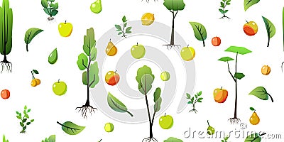 Seedlings of young trees with roots. Garden plants. Ripe fruits plantings. Isolated on white background. Seamless Vector Illustration