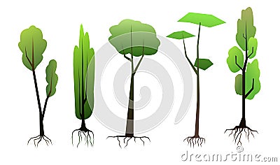 Seedlings of young trees with roots. Set of Garden plants. Fruit plantings. Isolated on white background. Bottom Vector Illustration