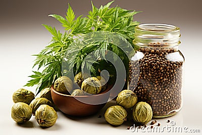 Seeds hemp on the table, oil in a glass jar, Medical marijuana concept, CBD cannabis OIL, hemp product Stock Photo