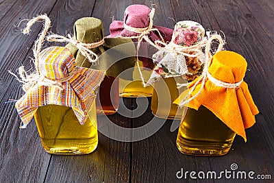 Seeds and oils useful for health Flax, sesame, sunflower, olive Stock Photo