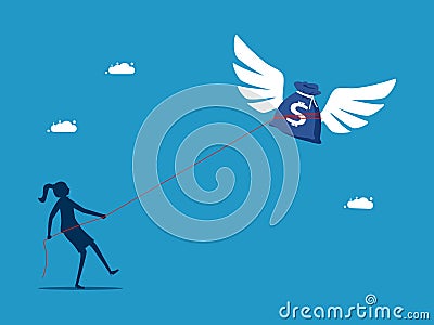 Seek benefits. woman uses a rope to tie a bag of money to prevent from escaping. Vector Illustration