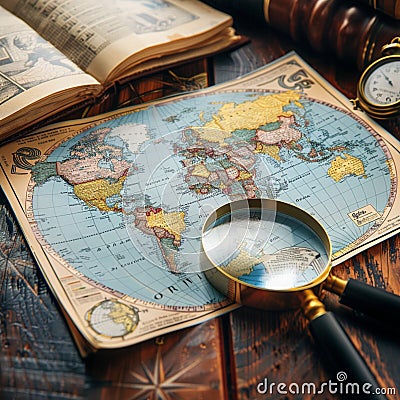Seeking adventure Magnifying glass zooms in on world map Stock Photo