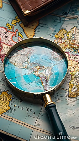 Seeking adventure Magnifying glass zooms in on world map Stock Photo