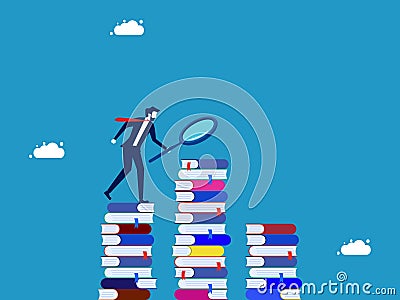 Seeking knowledge and gathering information. Businessman using magnifying glass to find information on stack of books Vector Illustration