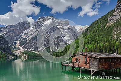 Seekofel and lake Braies (Pragser Wildsee) in june Stock Photo