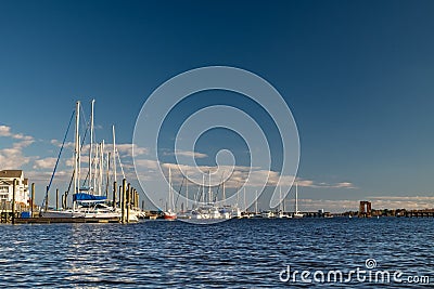Sailboats Berthed along the Waterfront, Washington, NC, USA Stock Photo