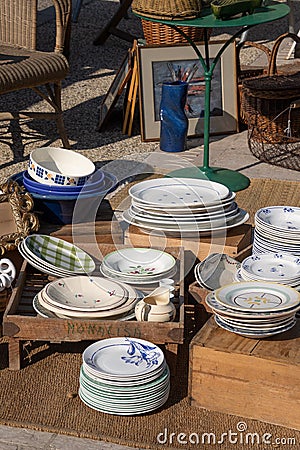 Seen from an outdoor garage sale with different objects Editorial Stock Photo