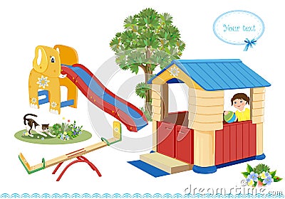 Seesaw, slider and house. Vector Illustration