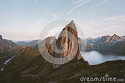 Segla Mountain peak landscape in Norway sunset rocks and fjord view Stock Photo