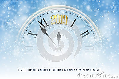 Clock with golden 2019 new year number on snowy background Cartoon Illustration