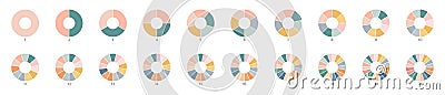 Segment color slice set. Wheel round diagram part. Pie chart icons. Circle section graph. 1,20,19,18,16,9 segment Vector Illustration