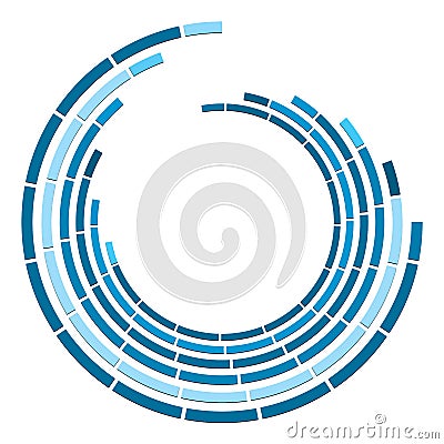 Segmented circle with rotation.Circular and radial Dashed lines volute, helix. Abstract concentric circle.Spiral, swirl, twirl Vector Illustration