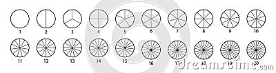 Segmented circles set isolated on a white background.Various number of sectors divide the circle on equal parts. Black Vector Illustration