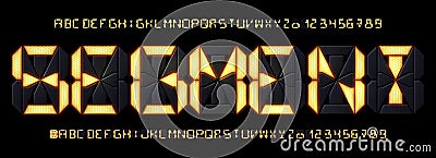 Segmented display font. Digital calculator lcd screen letters and countdown numbers, futuristic tech glowing alphabet. Retro 14 Vector Illustration
