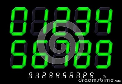 Segmented lcd display numbers. Digital time timer signs, tech clock count or retro led calculator screen font vector set Vector Illustration