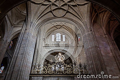 Segovia Cathedral symmetrical inside view of the decorative Gothic vaults with floral carvings, Spain. Editorial Stock Photo
