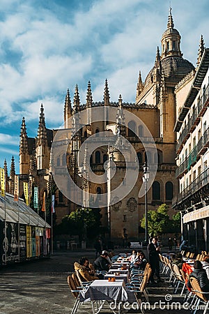 Plaza Major square with Segovia Cathedral at background, Segovia, Spain Editorial Stock Photo