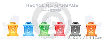 Segregation and recycling. Containers for garbage and trash. Rubbish bins for sorting different types of waste. Multi-colored cans Vector Illustration