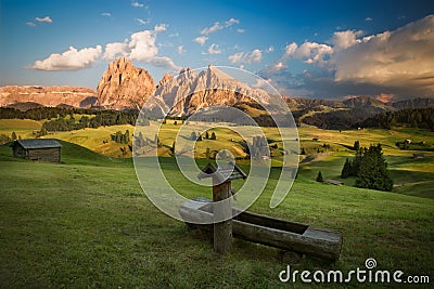 Seiser Alm with Langkofel Group before sunset, South Tyrol, Ital Stock Photo