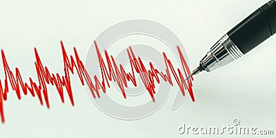 A seismograph pen records vibrations on paper, capturing data about the earthquake. The graph displays sharp amplitude Stock Photo