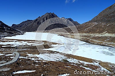 Frozen High altitude mountain lake at Sela, Arunachal Pradesh Stock Photo