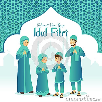 Selamat hari raya Idul Fitri is another language of happy eid mubarak in Indonesian. Cartoon muslim family celebrating Eid al fitr Vector Illustration