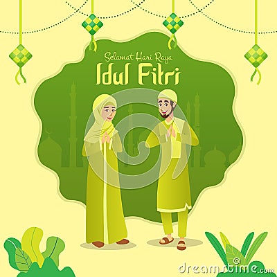Selamat hari raya Idul Fitri is another language of happy eid mubarak in Indonesian. Cartoon muslim couple celebrating Eid al fitr Vector Illustration