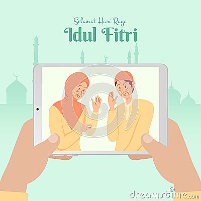 Selamat hari raya Idul Fitri is another language of happy eid mubarak in Indonesian Vector Illustration