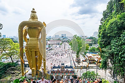 Selangor, Malaysia - December 8, 2018: View of entrance to Batu Caves with the world`s tallest Murugan statue, where is a limeston Editorial Stock Photo