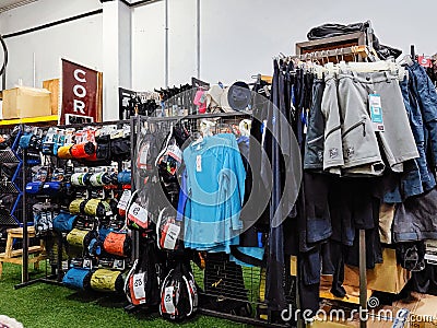 Outdoor sports gear and equipment at the Corezone shop Editorial Stock Photo