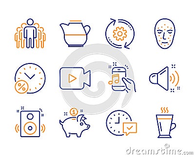 Select alarm, Speakers and Video camera icons set. Milk jug, Music phone and Cogwheel signs. Vector Vector Illustration