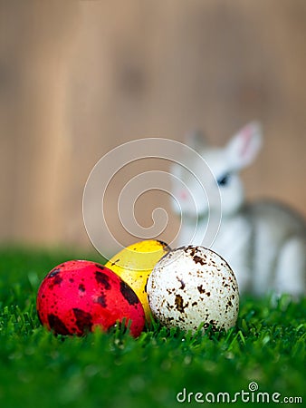 Select focus of the colorful easter eggs. Placed on green grass. Have a cute rabbit in the back. The back is a brown wood frame. T Stock Photo