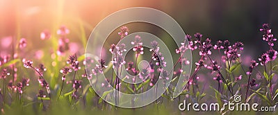Select focus Pink flower blossom on field,Beautiful growing and flowers on meadow blooming in the morning.Soft pastel on nature Stock Photo