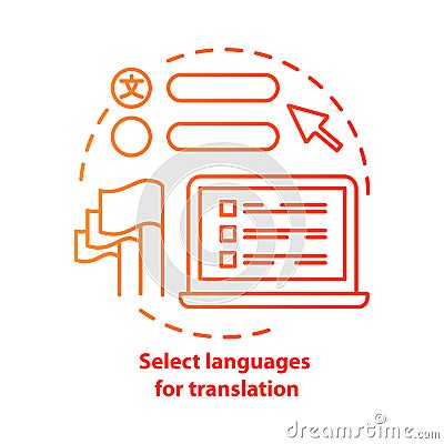 Select languages for translation red concept icon. Translator software idea thin line illustration. Learning foreign Vector Illustration