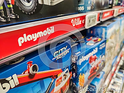 Selected collection of many boxes Playmobil brand display for sell in french supermarket Editorial Stock Photo