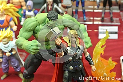 The selected focus of THOR of Avengers action figures from Marvel comic and movie. Editorial Stock Photo