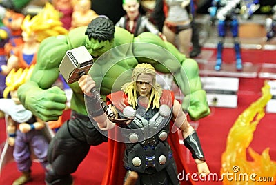 The selected focus of THOR of Avengers action figures from Marvel comic and movie. Editorial Stock Photo