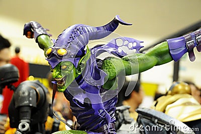 Selected focused on Marvel Comic action figure called Green Goblin. Supervillain against Spider-man. Action figures displayed by Editorial Stock Photo