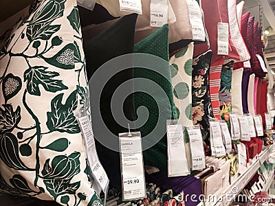 Selected focused of pillows and cushion covers of various colors are on sale. Editorial Stock Photo