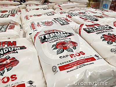 Selected focused on wheat flour of various brands sold in commercial packaging. Editorial Stock Photo